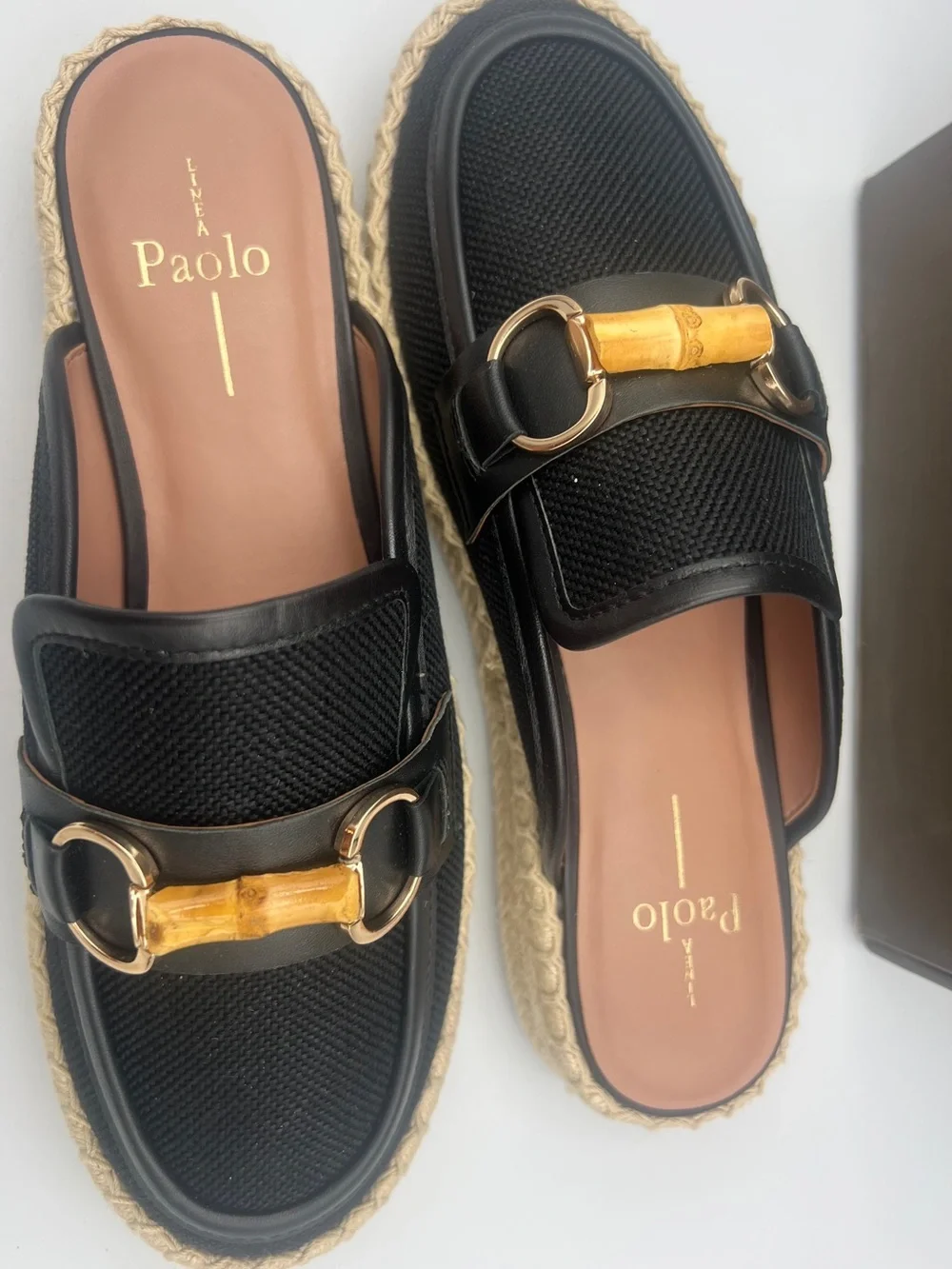 Linea Paolo Shiloh Bamboo Espadrille Mules Black w/Nappa Leather Trim Size 9 NWB